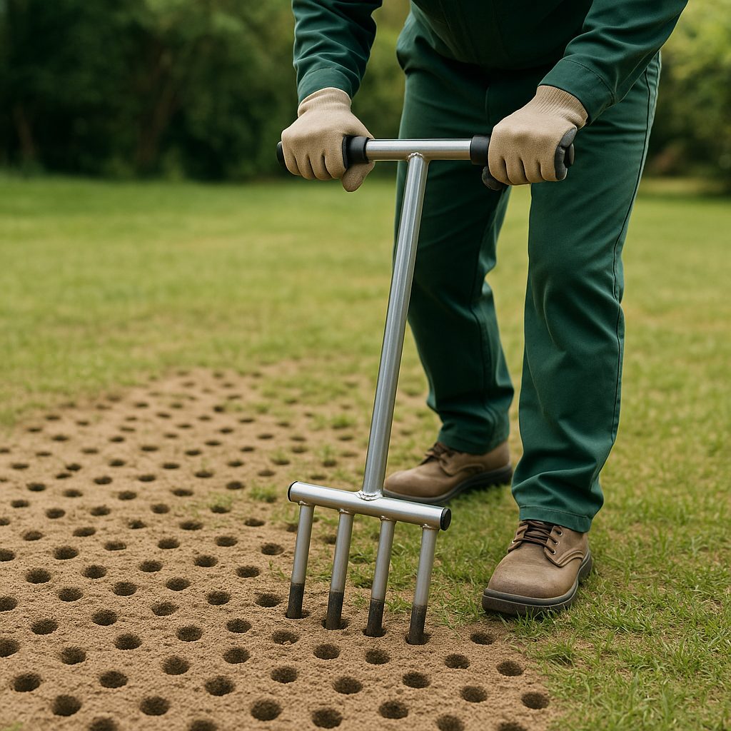 Aération du sol d'une pelouse au printemps avec outils