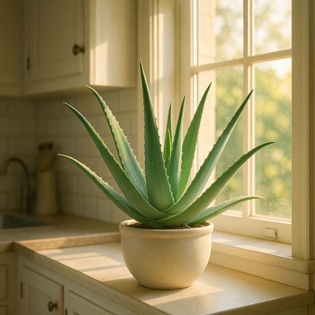 Pot d'aloe vera posé sur un rebord de fenêtre lumineux