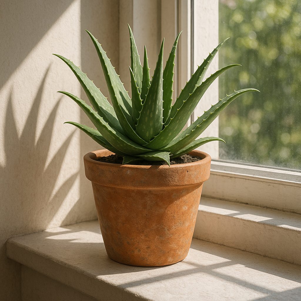 Aloe vera en pot céramique sur fenêtre ensoleillée