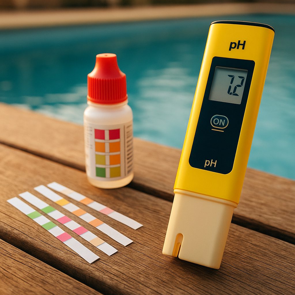 pH-Analyse und Teststreifen f&uuml;r Schwimmbad, realistische Inszenierung
