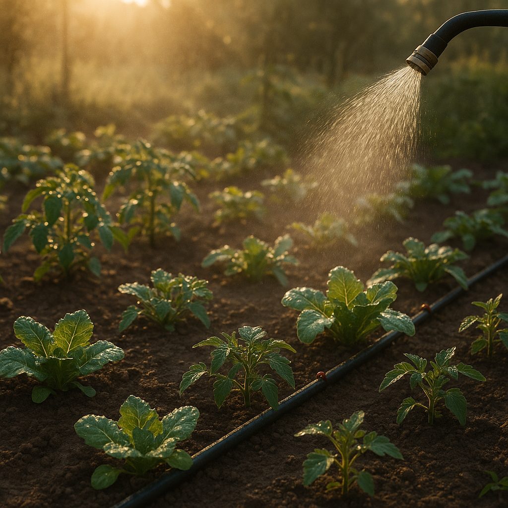Morgendliche Bewässerung eines Gemüsegartens, Tropfbewässerung und gesunde Pflanzen