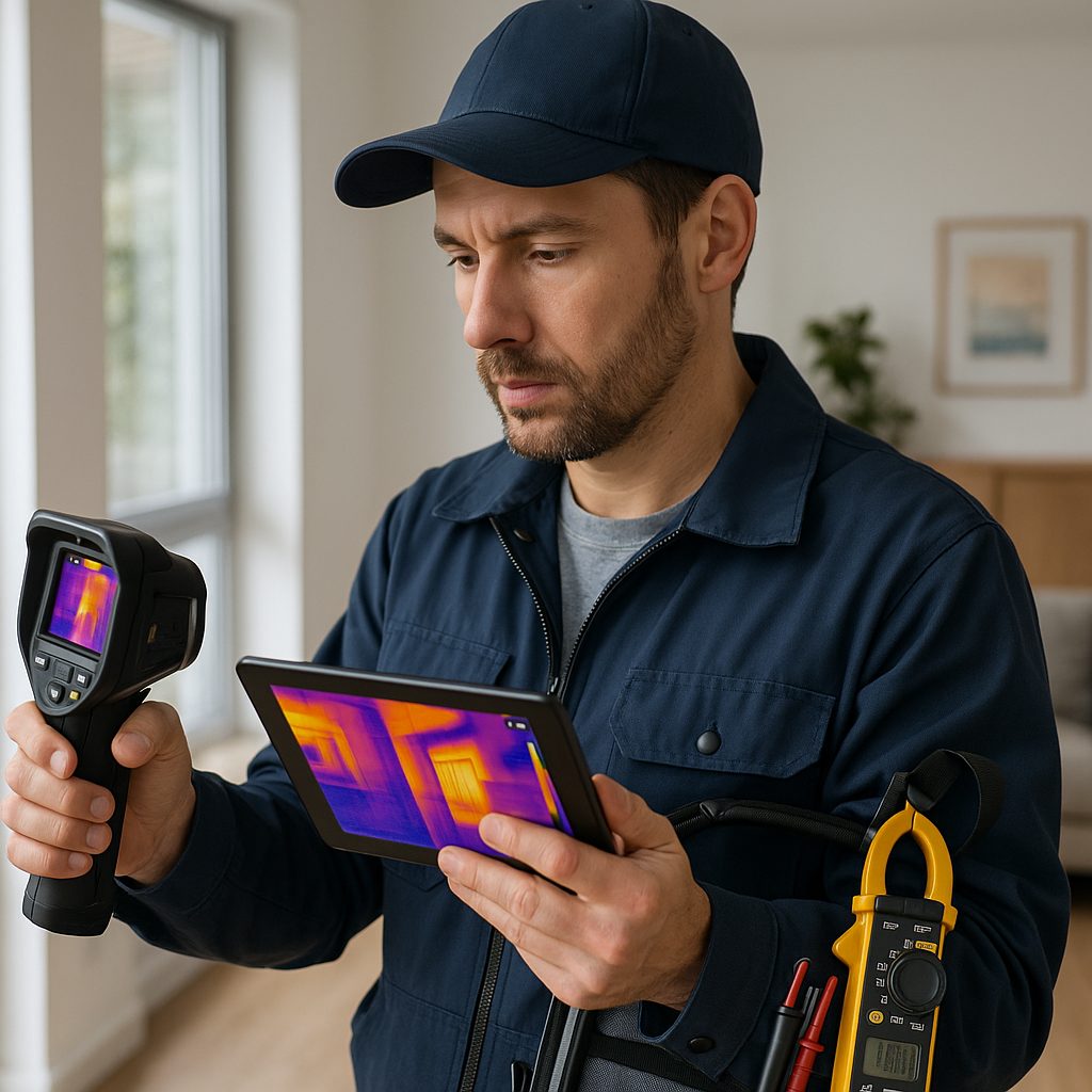 Technician performing an energy audit with tablet and thermal camera