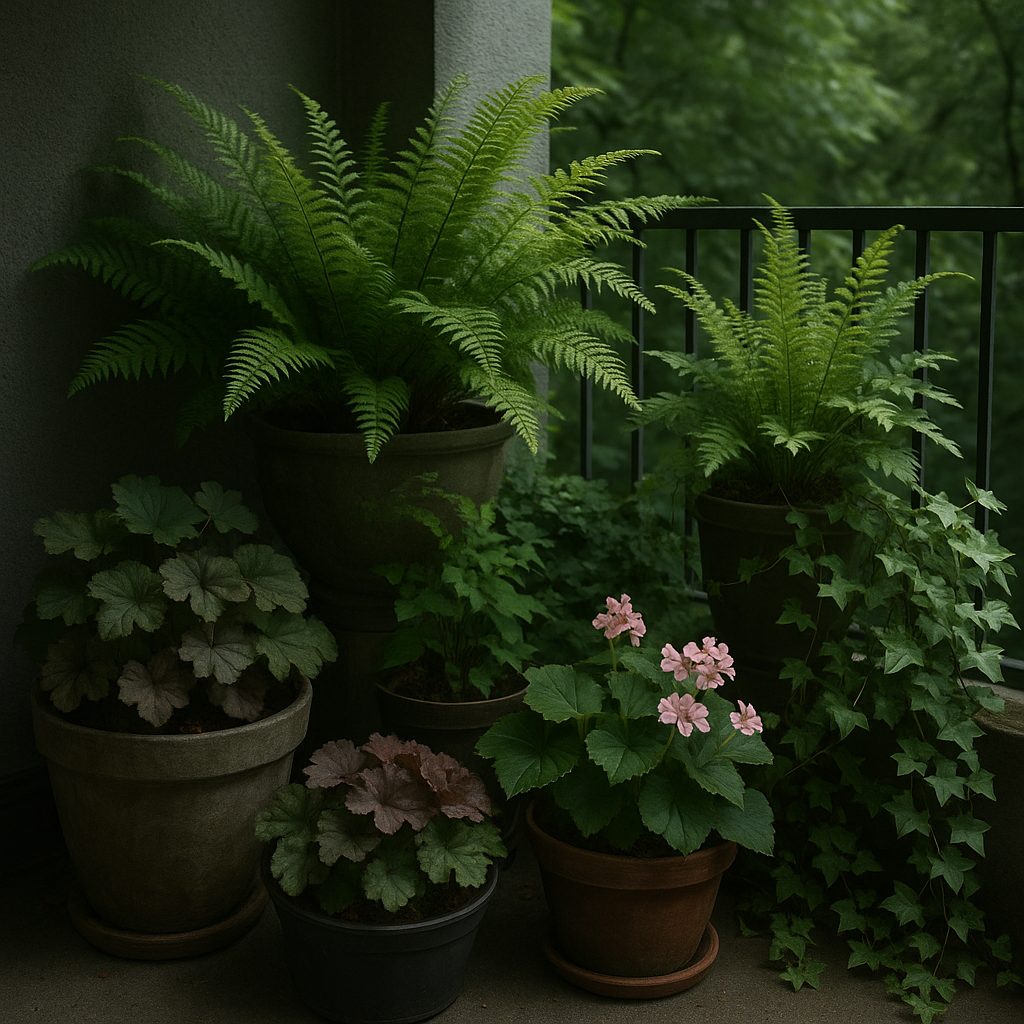 Balcon orienté nord planté de fougères, heucheras, bégonias et lierre
