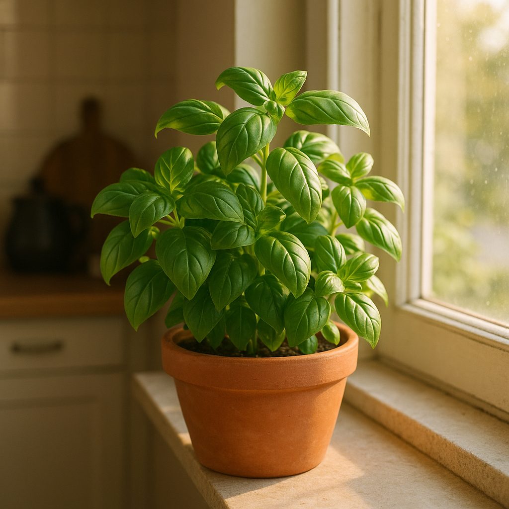 Pot de basilic sur le rebord d'une fenêtre ensoleillée