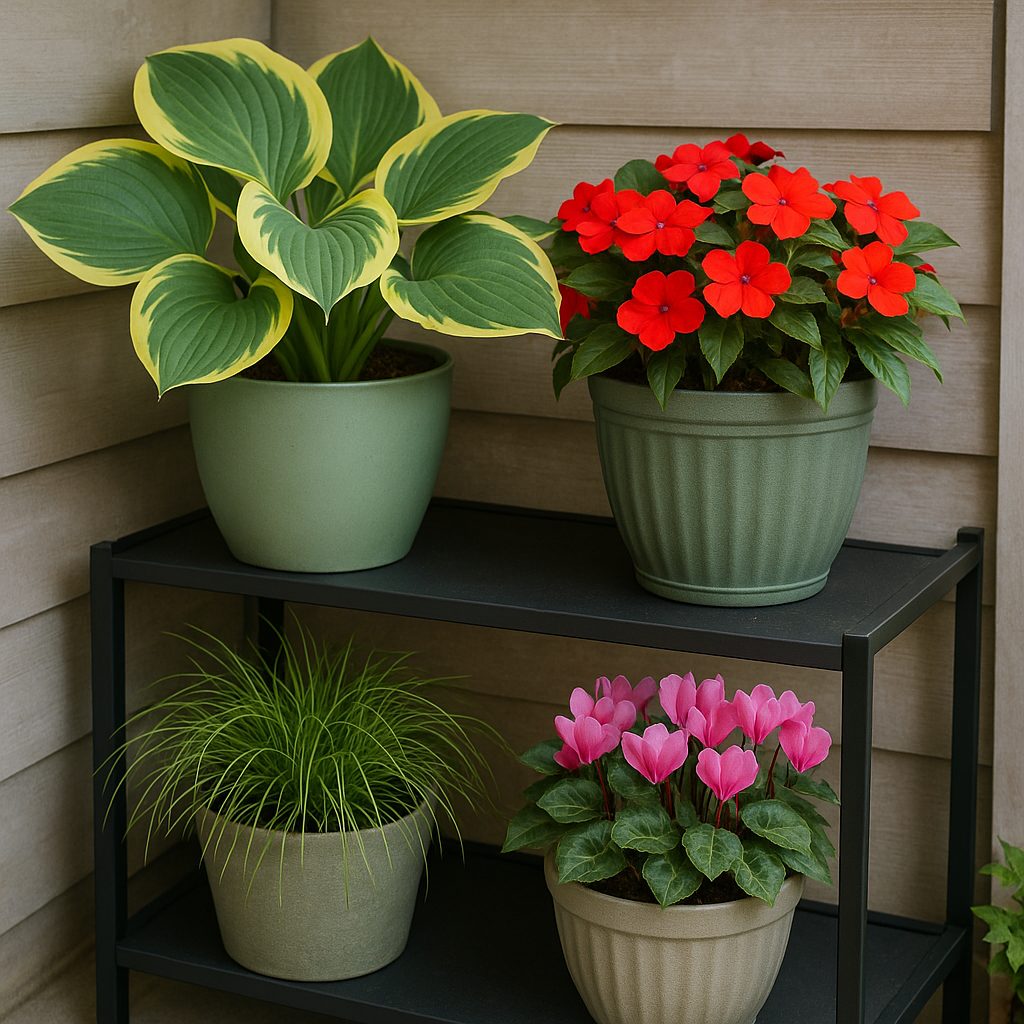 Composition de pots pour balcon ombragé avec hosta, carex, impatiens et cyclamen