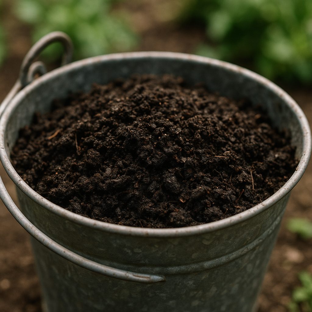 Seau de compost sombre et granuleux prêt à être utilisé au potager
