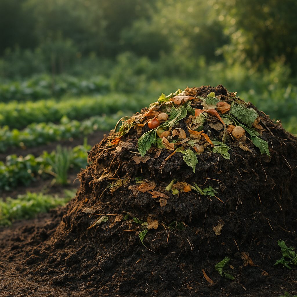 Tas de compost mûr près d'un potager, structure sombre et homogène