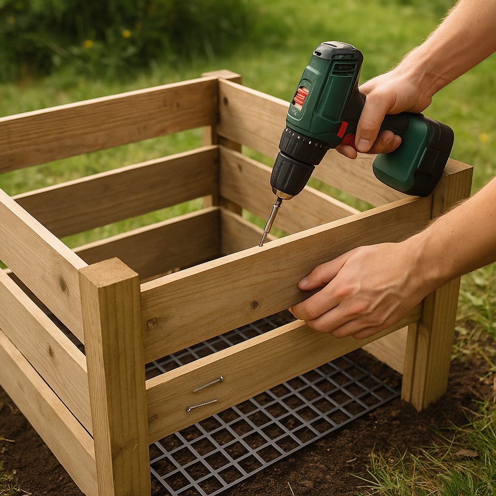 Assemblage d'un composteur en bois : vissage des planches et installation du fond en grillage