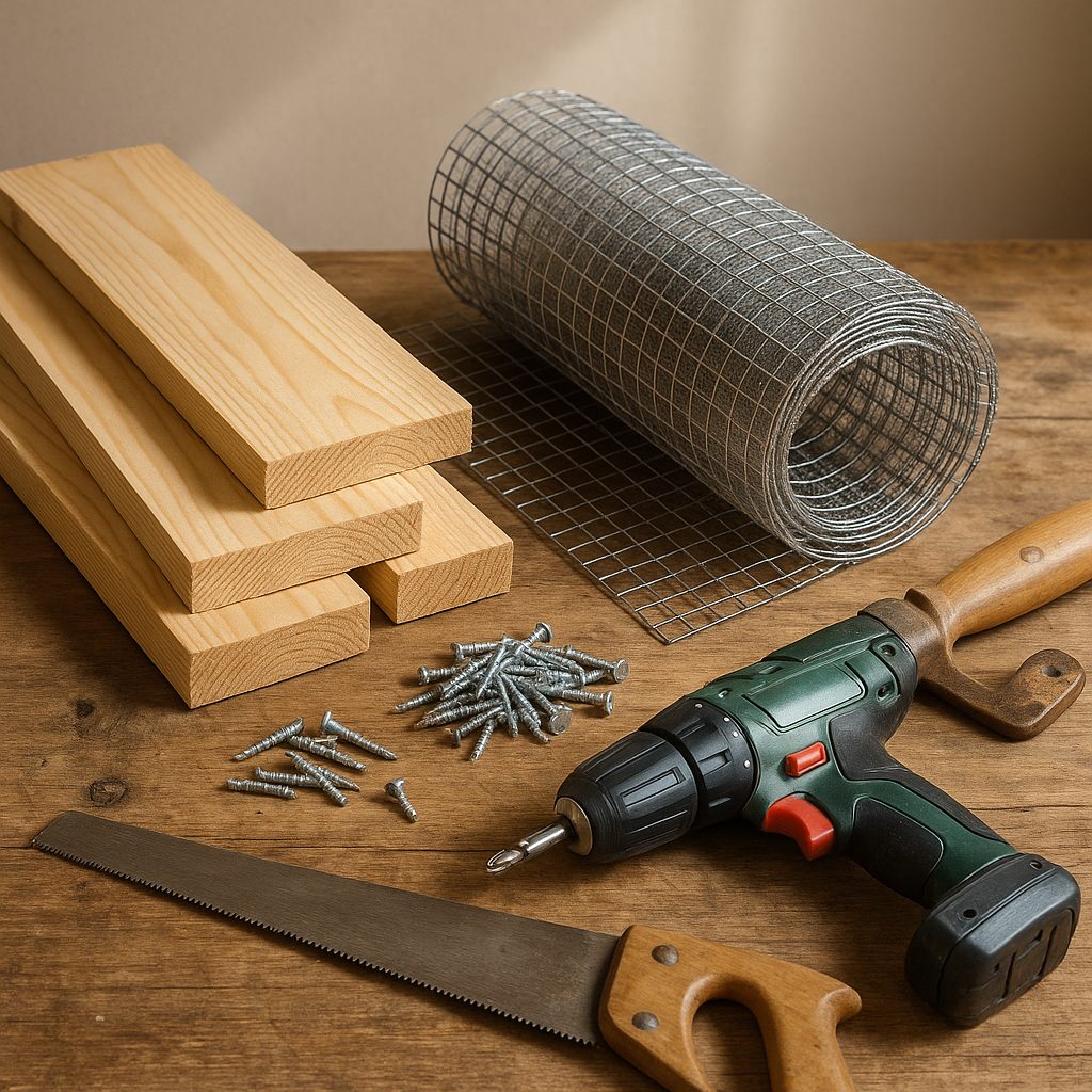 Pile de matériaux pour fabriquer un composteur maison : planches, vis, grillage, outils