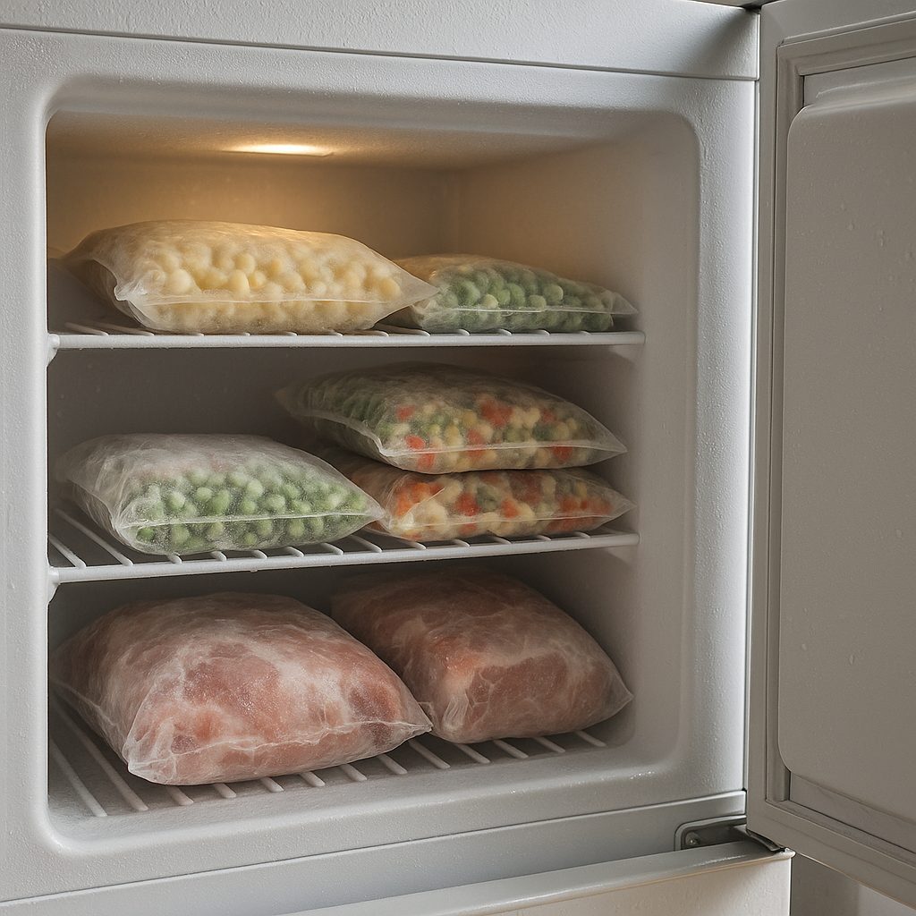 Congélateur entrouvert montrant la porte et aliments en partie dégivrés