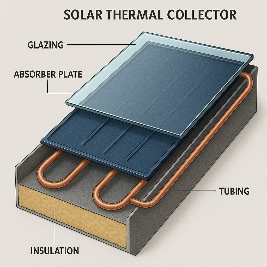 Schematischer Querschnitt eines thermischen Solarkollektors mit Absorberplatte, Wärmeträgerflüssigkeit und Glas