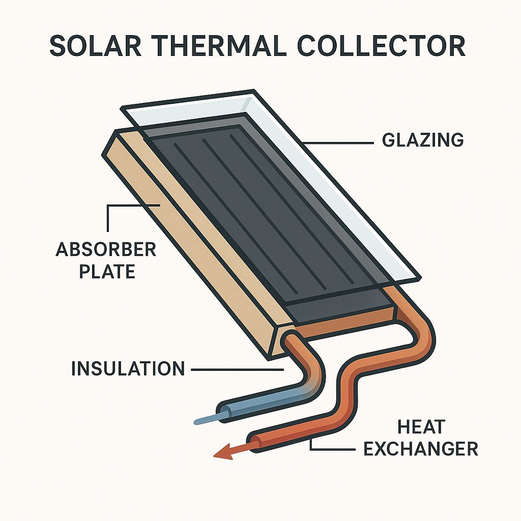 Coupe schématique d'un capteur solaire thermique montrant la plaque absorbante et l'échangeur