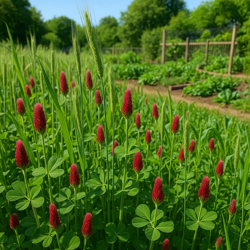 Champ d'engrais verts coloré, mélange de trèfle et seigle près d'un potager