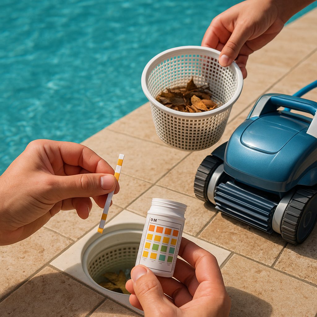 Entretien de piscine : tests de pH, netoyage de skimmer et brossage des parois
