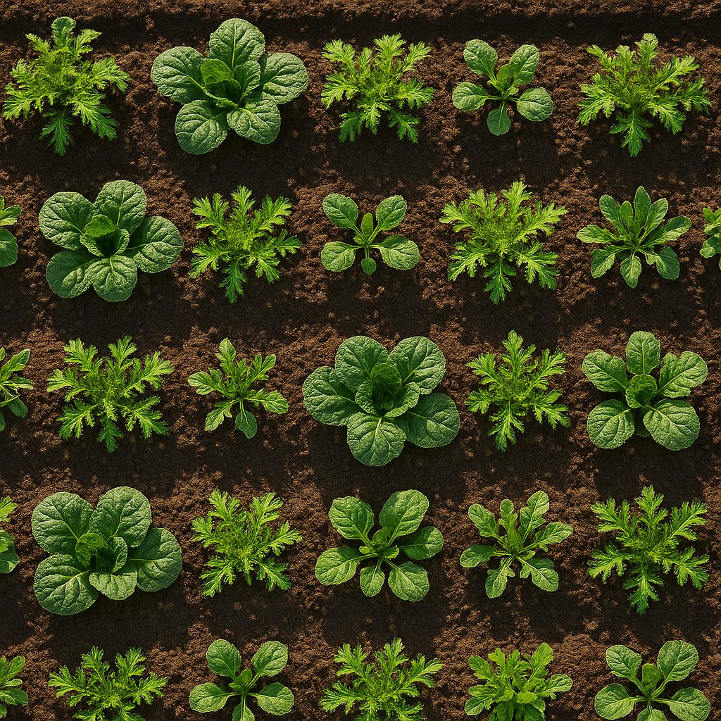 Zwei Reihen Gemüse mit ausreichend Abstand zwischen den Pflanzen