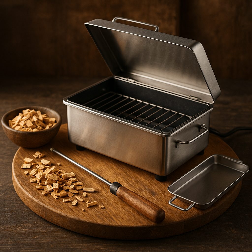 Petit fumoir de table avec copeaux de bois, prêt pour fumer fromages et charcuteries