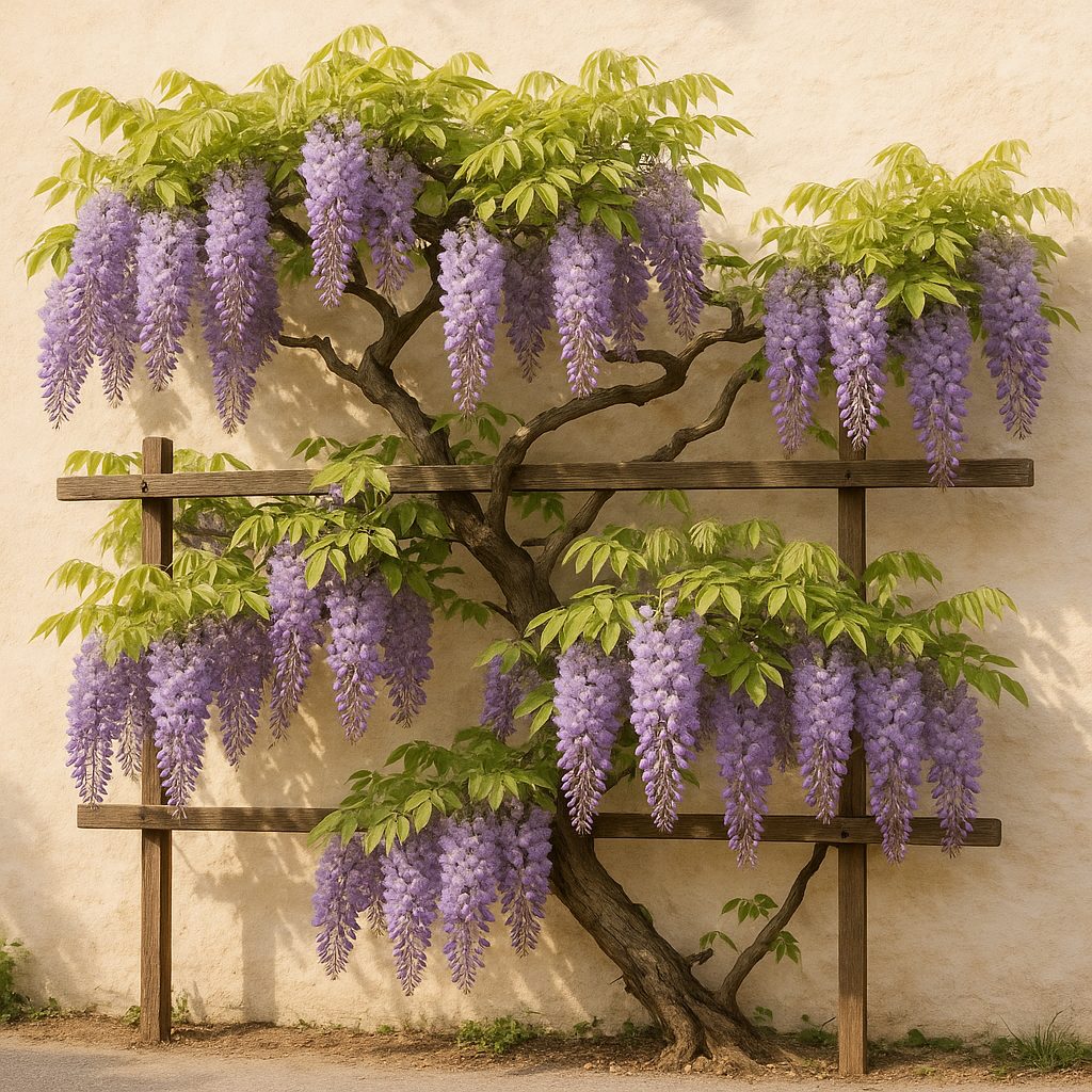 Glycine en grappes florales le long d'un mur