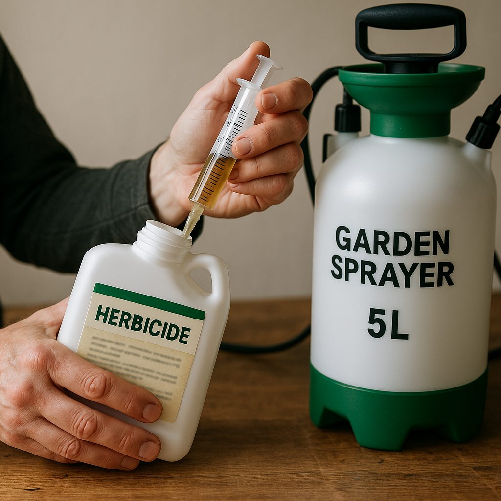 Mesure de produit concentré glyphosate avec seringue graduée près d'un pulvérisateur