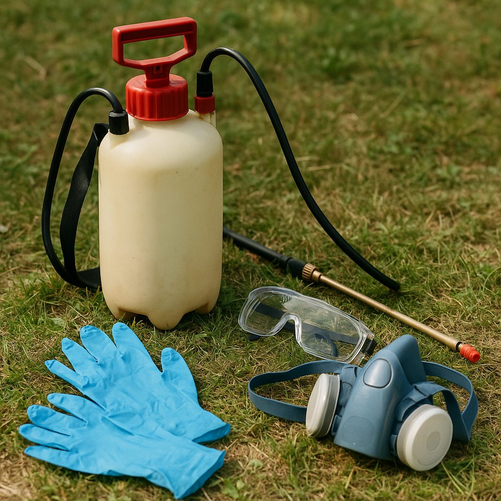 Pulvérisateur prêt à l'emploi posé avec équipements de protection individuelle : gants, lunettes et masque