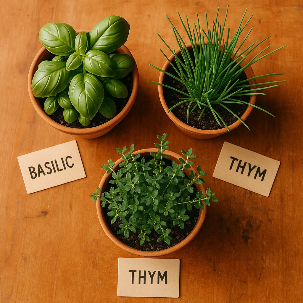Trois petits pots d'herbes aromatiques variées sur une table de cuisine