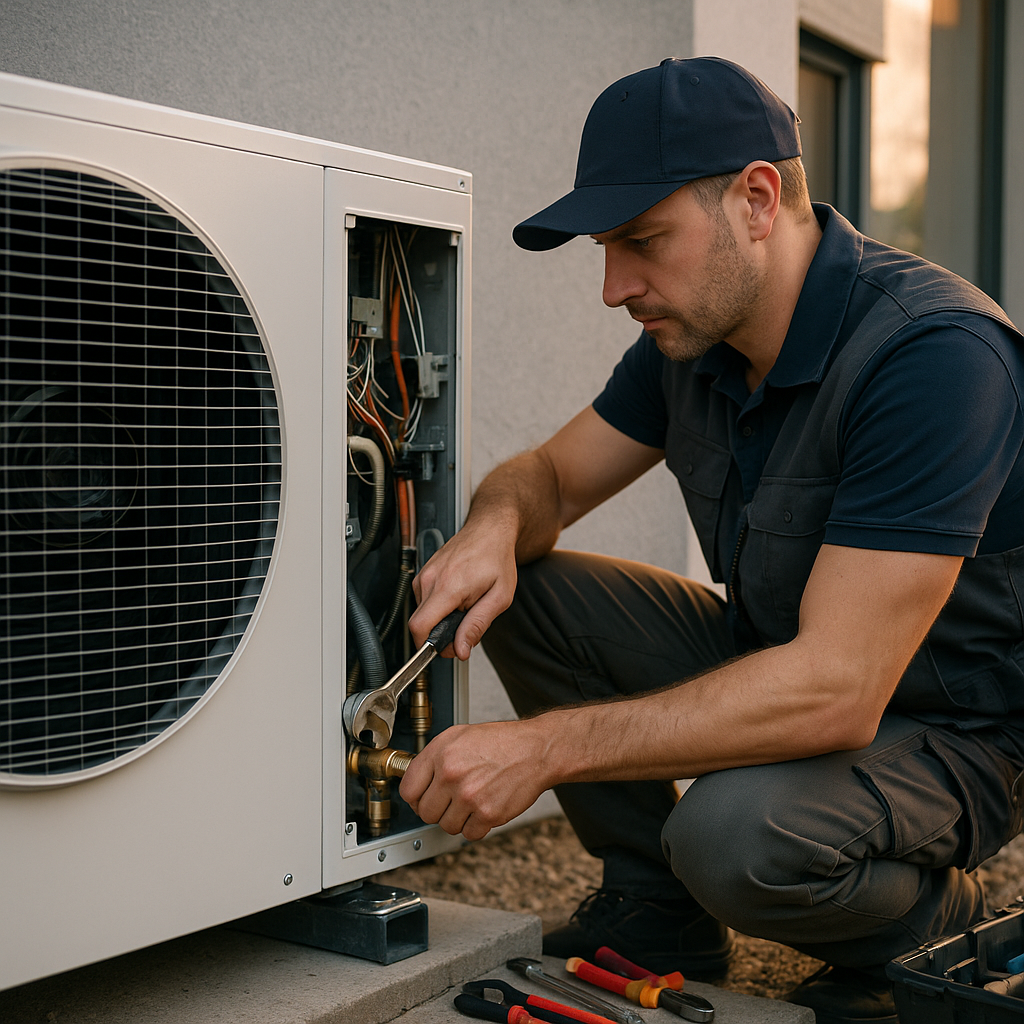 Technicien installant une pompe à chaleur à l'extérieur d'une maison moderne