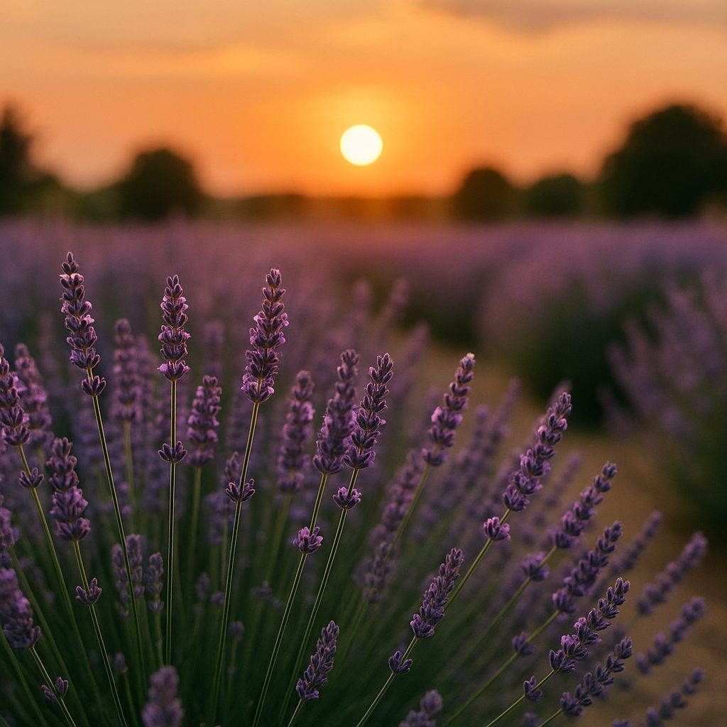 Champ de lavande en fleurs au coucher du soleil