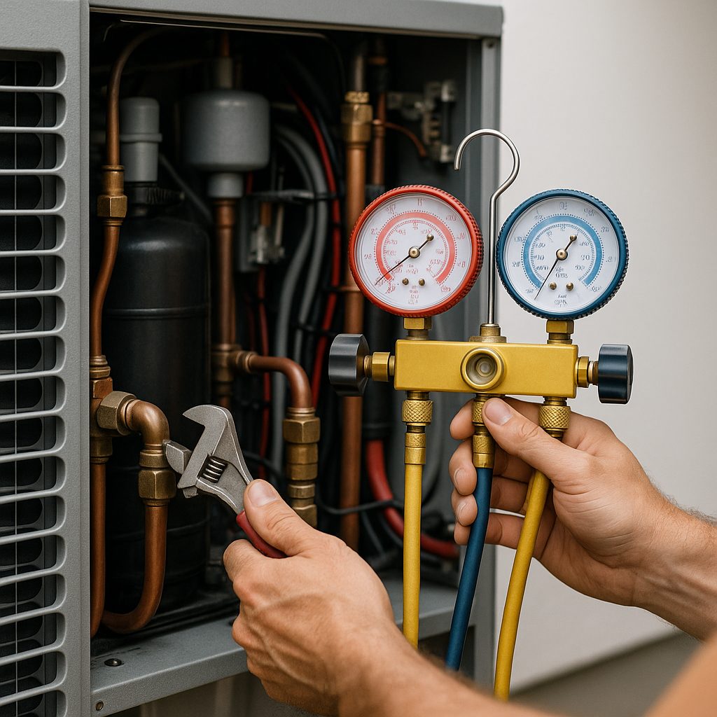 Technicien effectuant une maintenance annuelle sur une pompe à chaleur air-eau