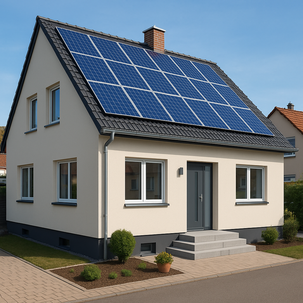 Façade de maison rénovée avec panneaux solaires et isolation visible