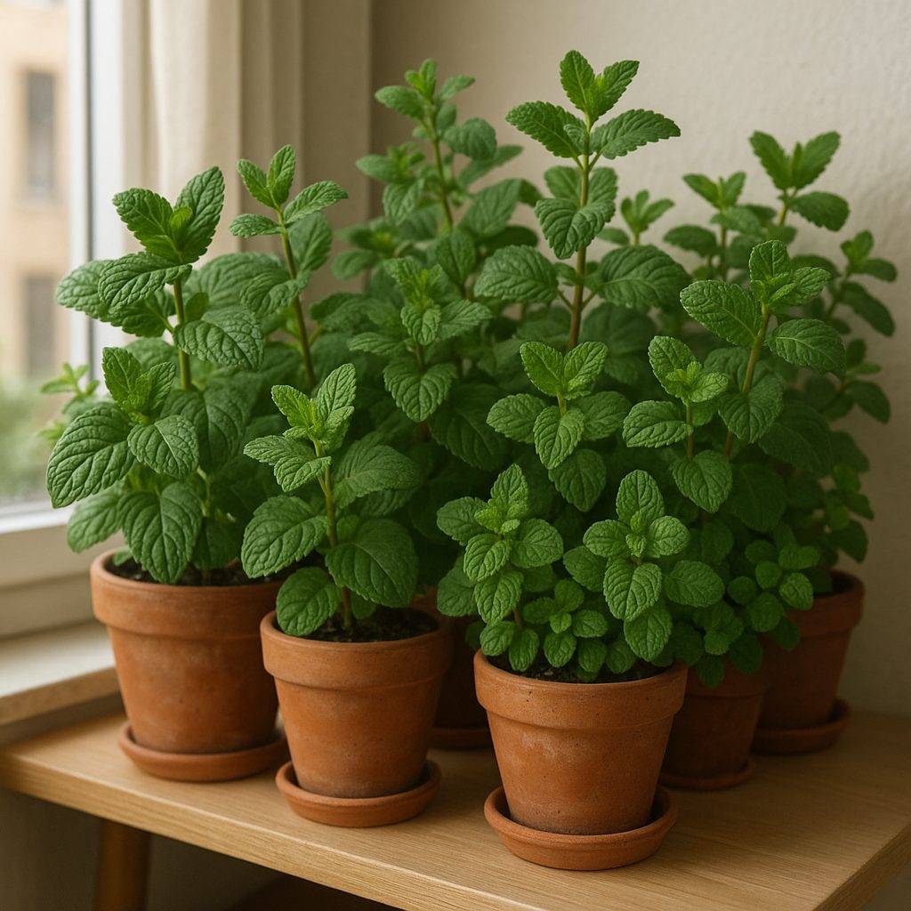 Plusieurs pots de menthe sur une étagère intérieure