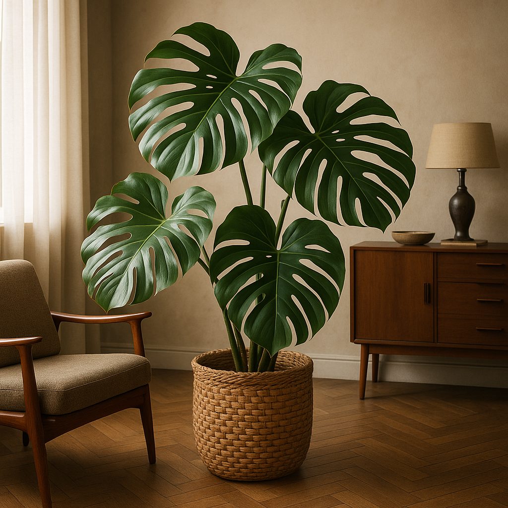 Monstera dans un grand pot, feuilles découpées et brillantes