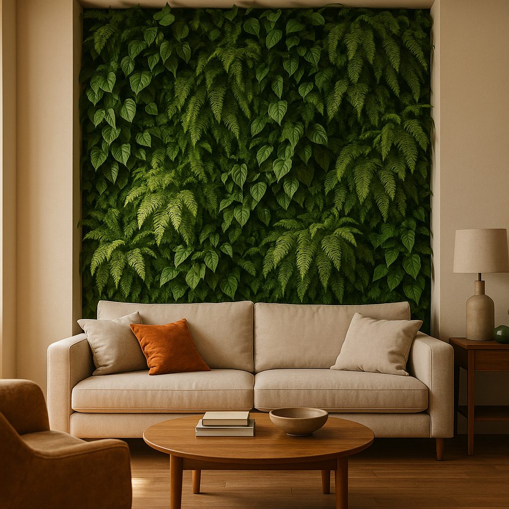 Mur végétal intérieur moderne installé sur un mur de salon, design élégant