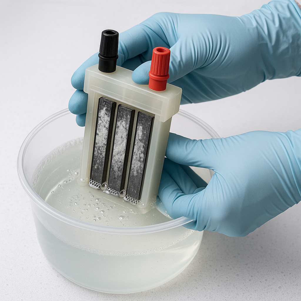 Processus de nettoyage d'une cellule d'électrolyse pour piscine, bol d'eau et solution détartrante