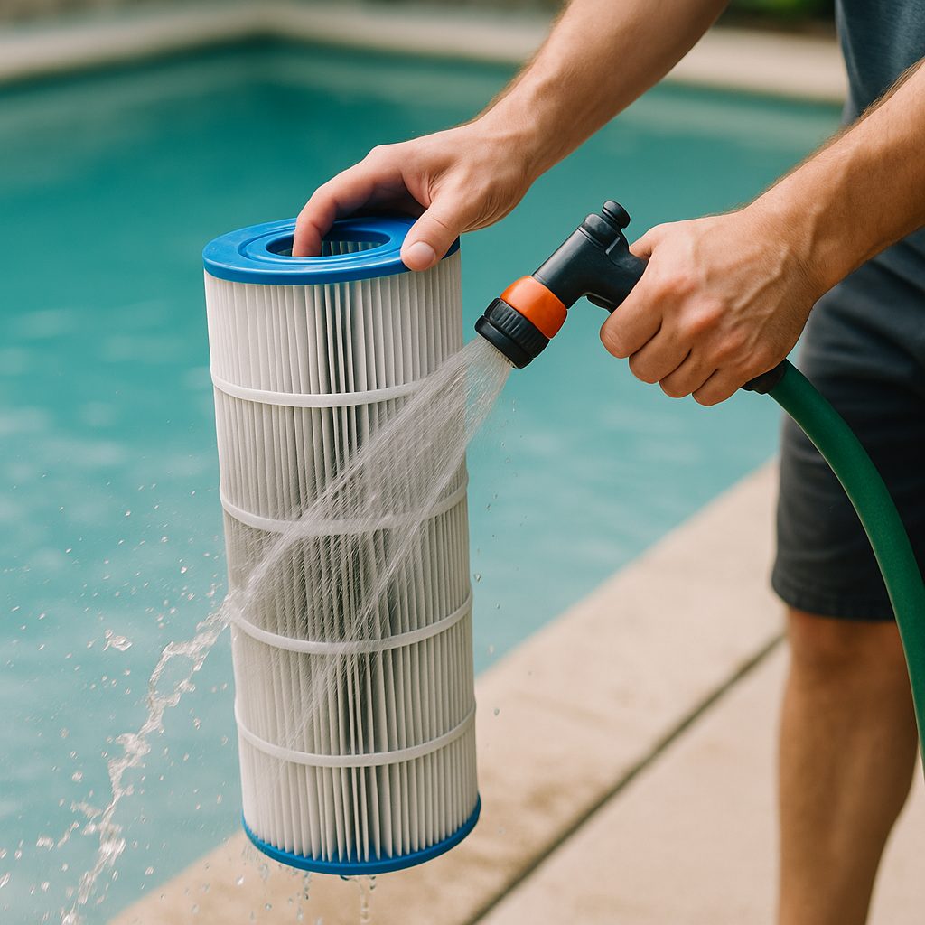 Reinigung eines Kartuschenfilters für Schwimmbäder, technische und realistische Illustration