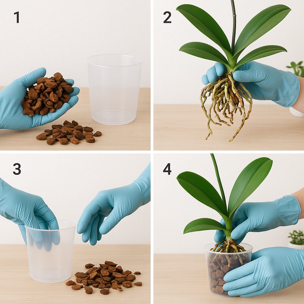Processus de rempotage d'une orchidée avec substrat d'écorce
