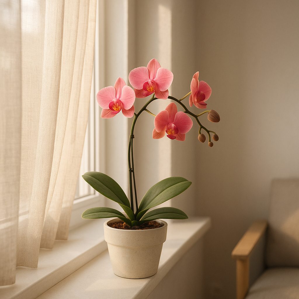Orchidée placée près d'une fenêtre, lumière indirecte
