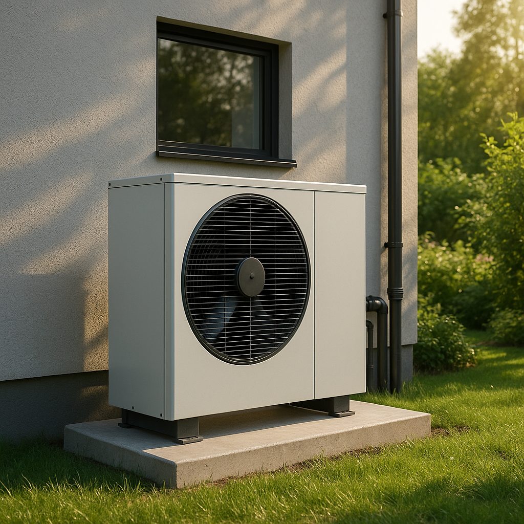 Unité extérieure d'une pompe à chaleur air-eau installée à côté d'une maison