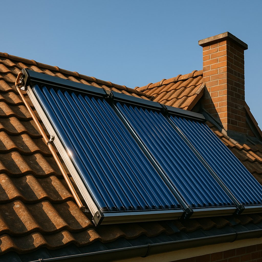 Thermische Solarpaneele auf einem Wohnhausdach, perspektivische Ansicht