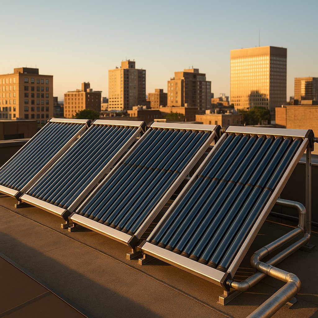 Panneaux solaires thermiques installés sur toit en bicoloration, vue urbaine
