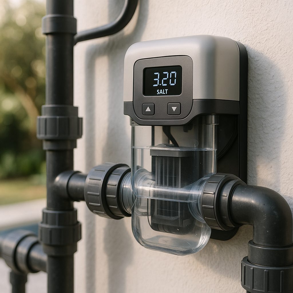 Elektrolyseur und Ausrüstung eines Salzwasserpools, realistische und moderne Ansicht