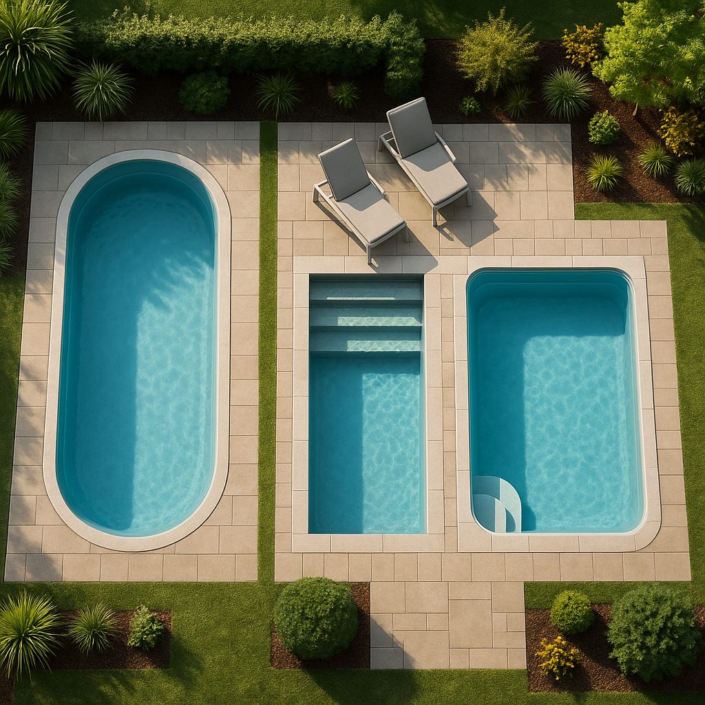 Trois types de piscines enterrées : coque, béton et kit, illustrés dans un jardin