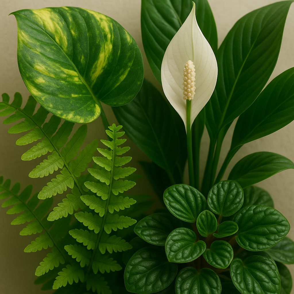Collection de plantes adaptées aux murs végétaux d'intérieur : pothos, spathiphyllum, fougère