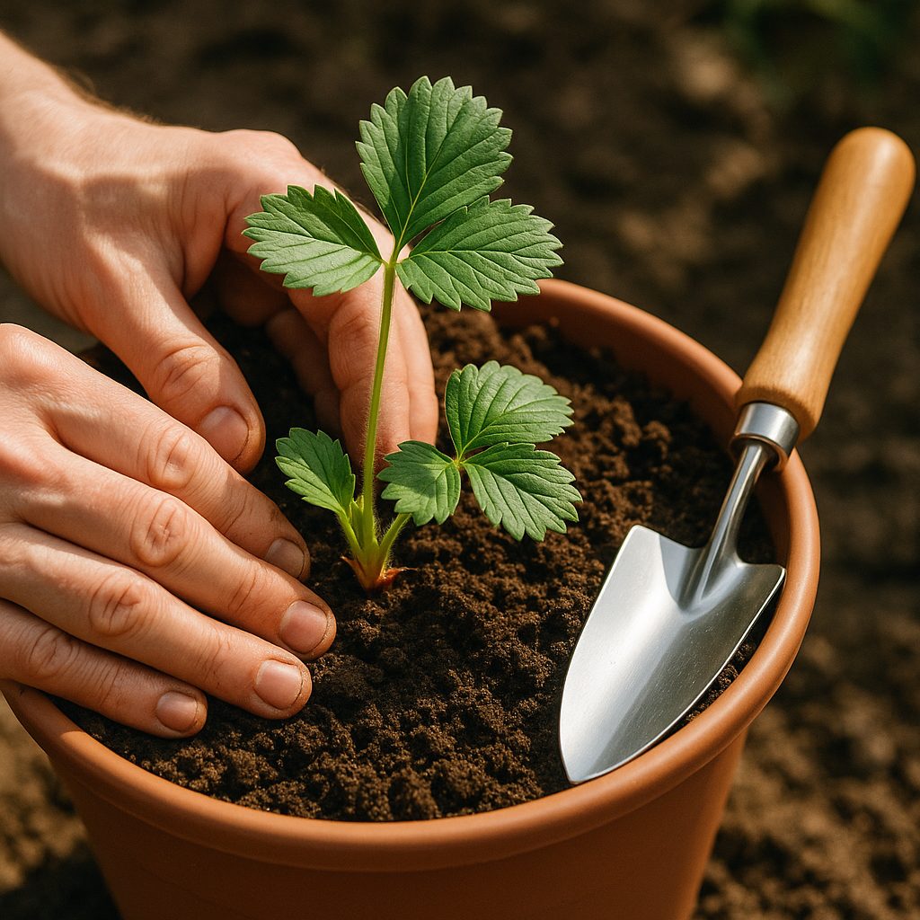Étapes de plantation d'une fraise en pot, préparation du substrat et placement de la motte