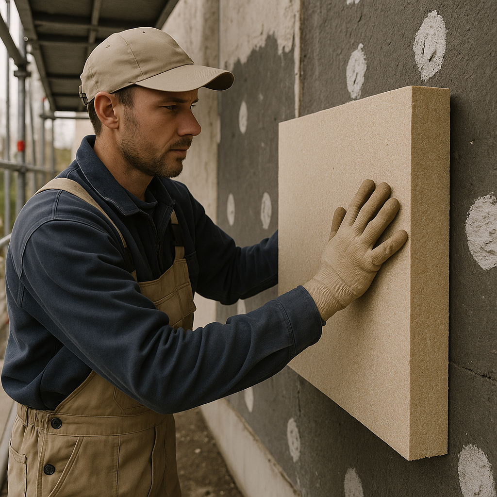 Artisan posant une isolation thermique par l'extérieur sur une maison