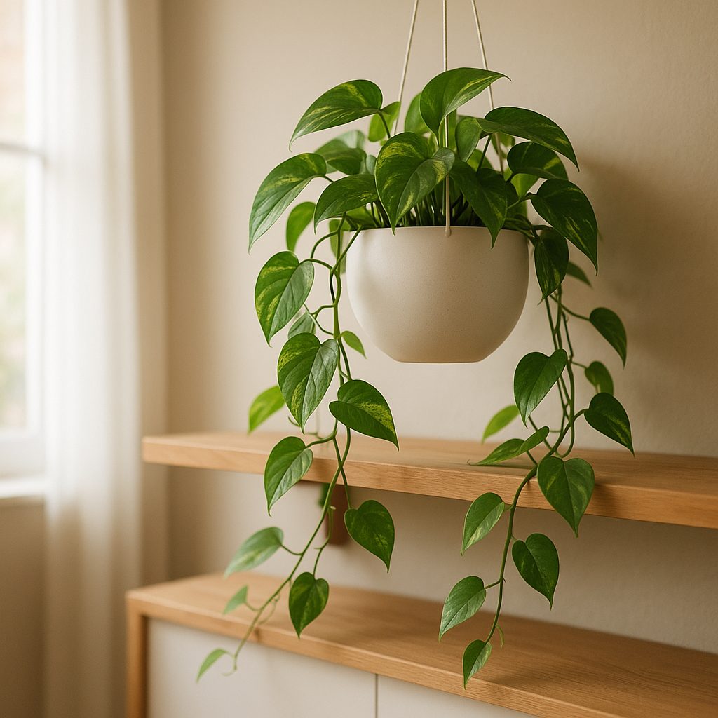 Pothos dans un cache-pot blanc sur une étagère, feuilles vertes brillantes