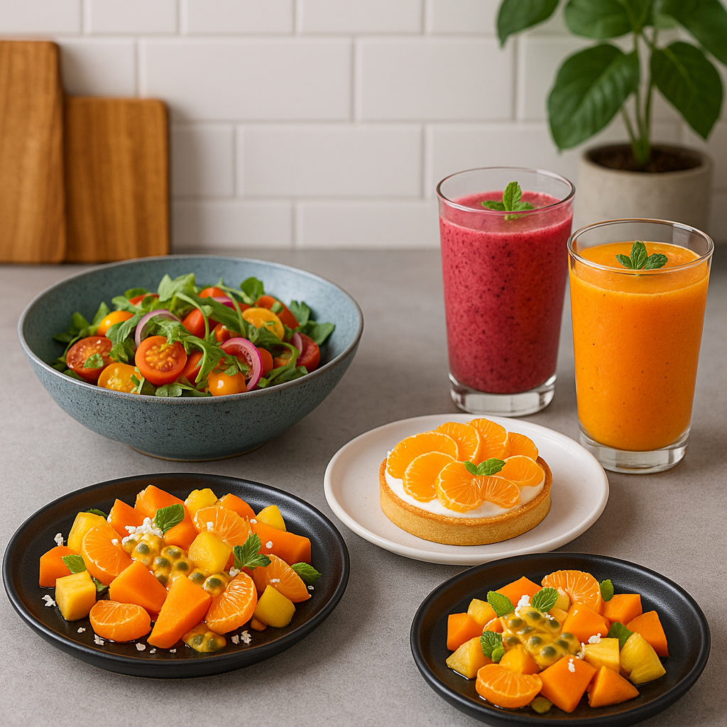 Assortiment de plats cuisinés à base de fruits en T