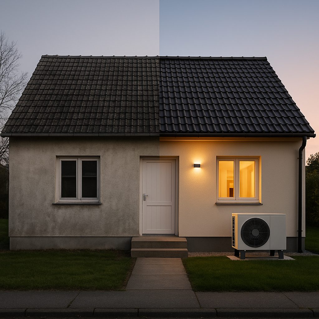 House before and after thermal renovation with insulation and new heating systems