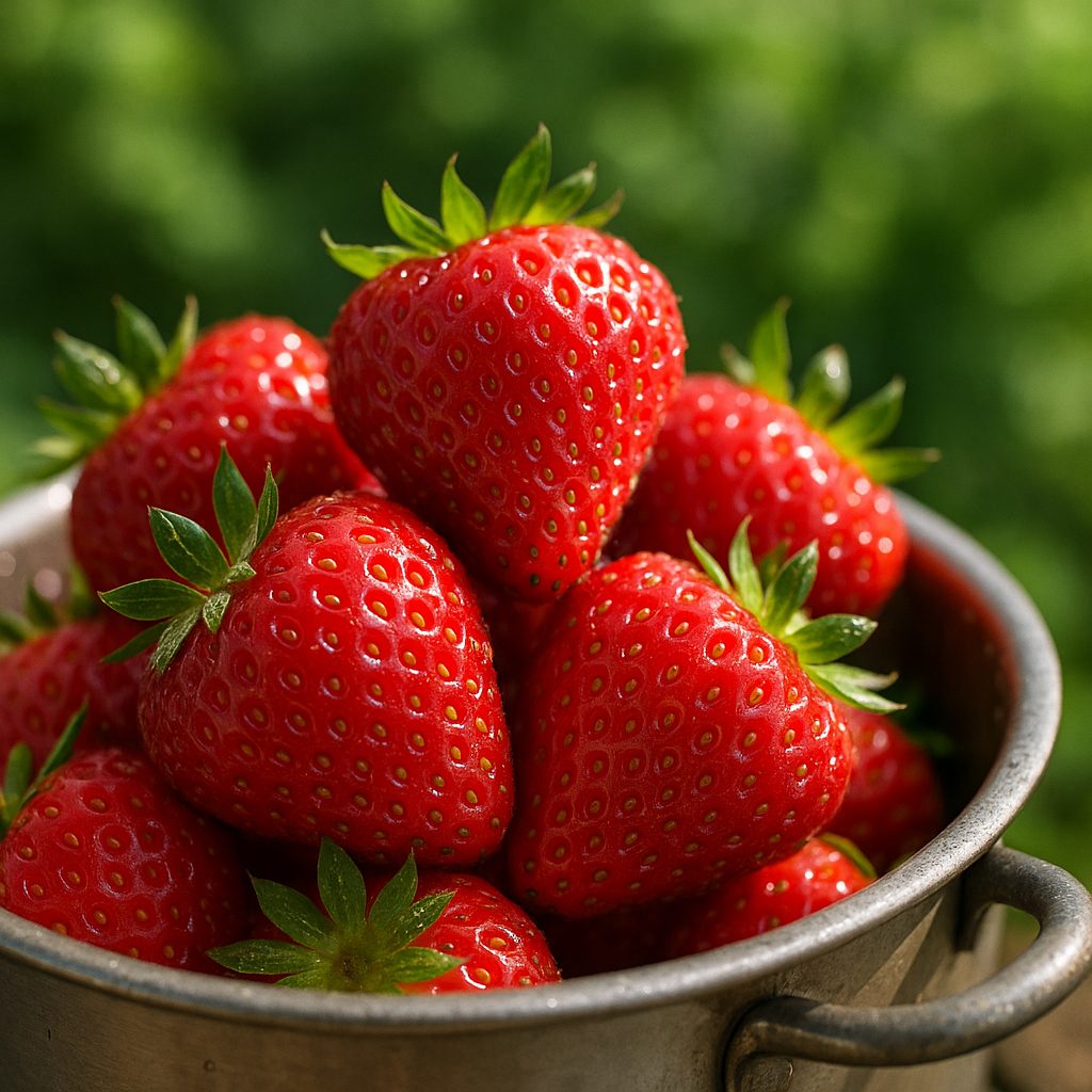 Fraîches fraises mûres prêtes à la récolte dans un pot