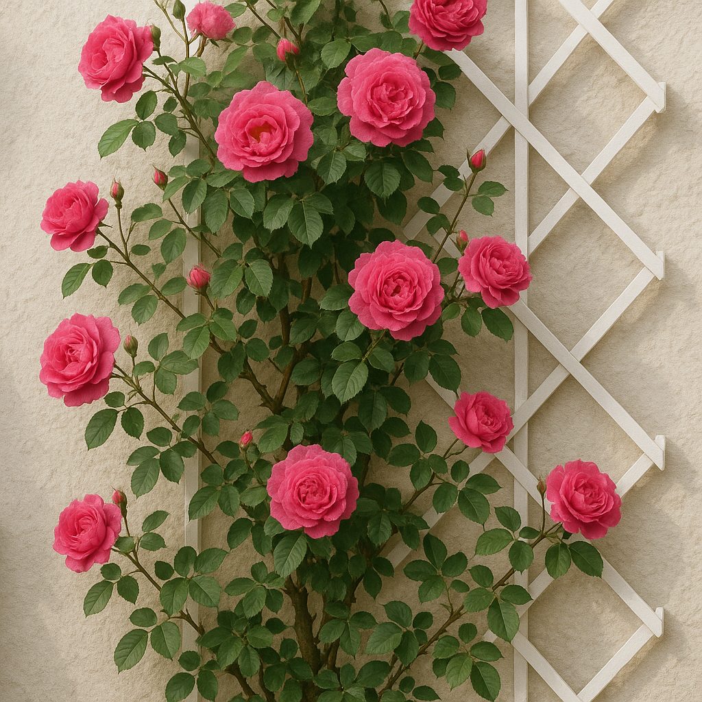 Rosier grimpant aux fleurs roses sur un mur blanc