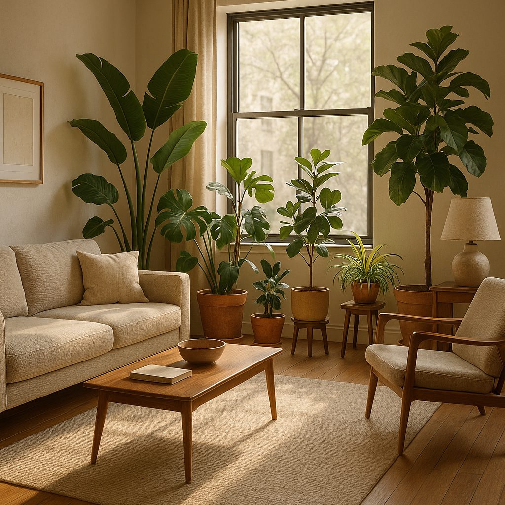 Salon lumineux avec plusieurs plantes d'intérieur disposées près d'une fenêtre