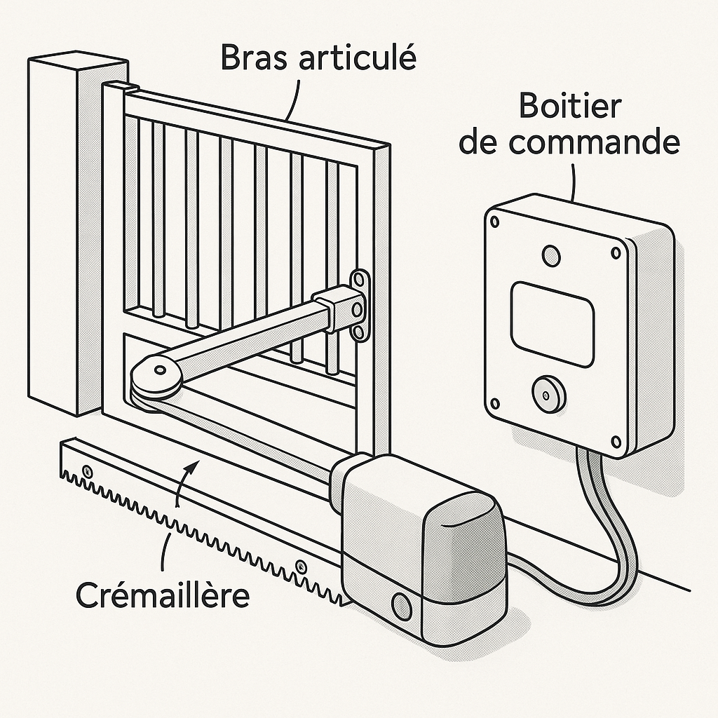 Schéma moteur et bras articulé du portail